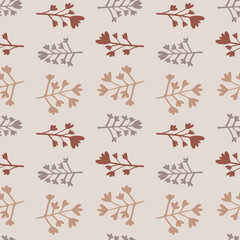 Pastel doodle branch shapes seamless pattern. Orange, grey and red pale tones on light background.