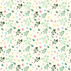 Isolated botanic seamless pattern with leaves, branches and flowers shapes. White background and green, pink and yellow floral silhouettes.