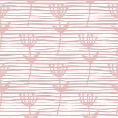 Branch silhouettes seamless doodle pattern. Pastel pink elements on white background with strips.