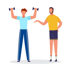 Cartoon man lifting weights with personal coach. Sport coach helping client