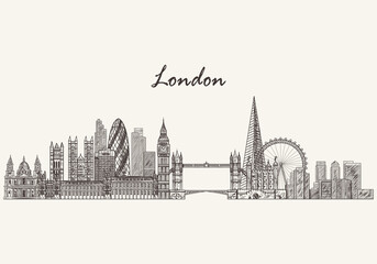 London detailed skyline. London in sketch style. Famous London monuments. Vector illustration - 369024563