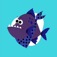Illustration of Purple Fish With Blue Fins and Sharp Teeth Cartoon, Cute Funny Character, Flat Design