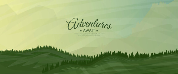 Vector illustration. Meadow flat landscape. Clear polygonal sky. Triangle shapes. Hills. Graphic modern backdrop. Abstract art. Minimalist style. Design element for poster. Natural concept. Wallpaper