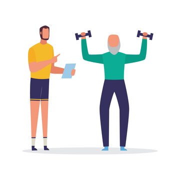 Elderly man training with personal coach flat vector illustration isolated.