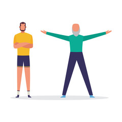 Man character training with personal coach, flat vector illustration isolated.