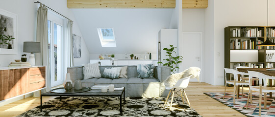 modern luxury cosy bright attic loft apartment - 3d rendering