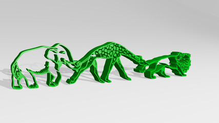African animals together made by 3D illustration of a shiny metallic sculpture with the shadow on light background. american and black