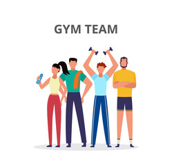 Group of young people characters Gym team, flat vector illustration isolated.