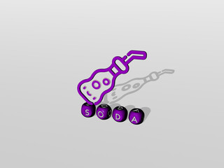 3D representation of soda with icon on the wall and text arranged by metallic cubic letters on a mirror floor for concept meaning and slideshow presentation. drink and background