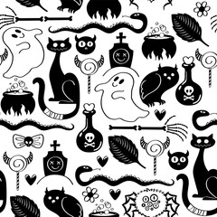 Halloween symbols seamless pattern. Scary colorful background.
