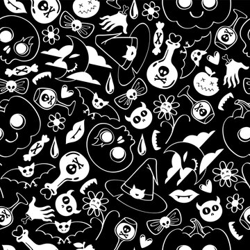 Halloween symbols seamless pattern. Scary colorful background.