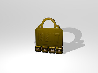 3D representation of RENT with icon on the wall and text arranged by metallic cubic letters on a mirror floor for concept meaning and slideshow presentation. illustration and house