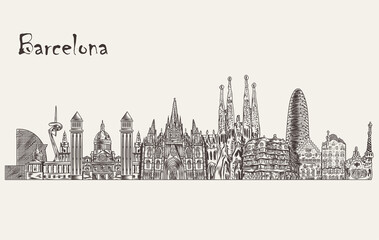 Barcelona detailed skyline. Barcelona in sketch style. Vector illustration