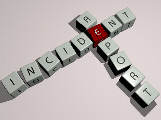INCIDENT REPORT combined by dice letters and color crossing for the related meanings of the concept. accident and business