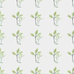 Floral leaves silhouettes seamless pattern. Light green botanic ornament on grey background. Simple backdrop.
