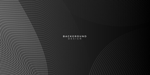 Black abstract tech banner with liquid curved glossy waves. Dark refraction vector background