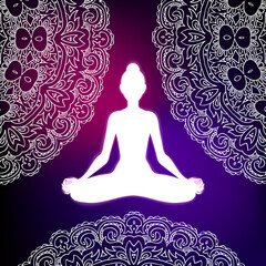 Fototapeta na wymiar Meditating woman in lotus pose on mandala background. Yoga illustration.