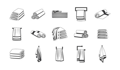 Bath towels black outline icons set sketch cartoon vector illustration isolated. © sabelskaya