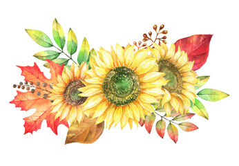 Watercolor autumn bouquet with leaves and sunflower