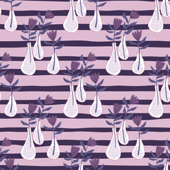Floral seamless pattern with hand drawn flowers ornament. White vases, stripped background. Artwork in purple tones.