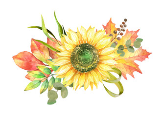 Watercolor autumn bouquet with leaves and sunflower