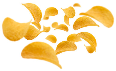 Potato chips levitate on a white background