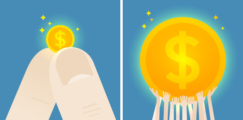 Fingers hold a dollar small coin and crowd is holding a dollar huge coin. Concept illustration. Flat vector design.
