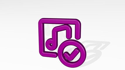 PLAYLIST CHECK from a perspective with the shadow. A thick sculpture made of metallic materials of 3D rendering. music and icon