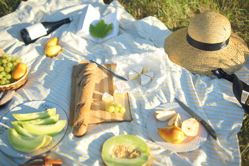 Snacks and drinks on a blanket during a picnic in the countryside