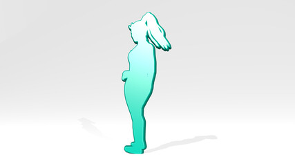 girl made by 3D illustration of a shiny metallic sculpture with the shadow on light background. beautiful and woman
