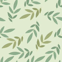Herbal seamless pattern with dashes branches on green background.