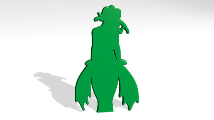 GIRL WITH WINGS from a perspective with the shadow. A thick sculpture made of metallic materials of 3D rendering. beautiful and background