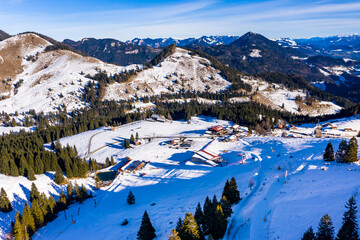 Germany, Mangfall Mountains, Upper Bavaria, Bayrischzell region, Oberaudorf, Sudelfeld, ski resort, aerial view