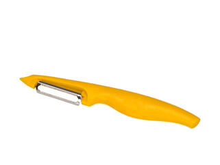 Yellow peeler on white background. Knife, peeler for vegetables and fruits