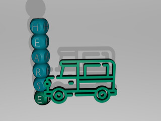 3D graphical image of hearse vertically along with text built around the icon by metallic cubic letters from the top perspective. excellent for the concept presentation and slideshows