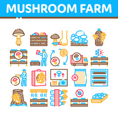 Fototapeta na wymiar Mushroom Farm Plant Collection Icons Set Vector. Mushroom Farm Agriculture Planting And Harvest, Natural Organic Product Delivery Concept Linear Pictograms. Color Contour Illustrations