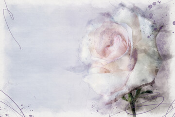 Digital watercolor illustration of a soft color rose. Grunge painting style. Horizontal modern background for cards, announcements, invitations, menus and graphic designs. 