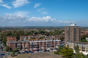 Aerial view of Littlehampton in West Sussex from the seafront looking towards South Strand.