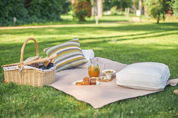 Picnic basket with tasty meal for resting couple or family