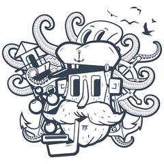 Sailor head with lighthouse, octopus, anchor, ship wheel and seagulls vector illustration.