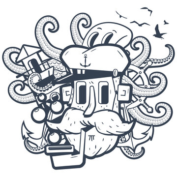 Sailor head with lighthouse, octopus, anchor, ship wheel and seagulls vector illustration.