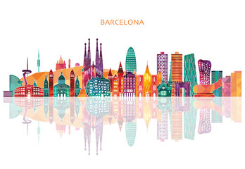Barcelona detailed skyline. Barcelona in sketch style. Famous Barcelona monuments. Vector illustration - obrazy, fototapety, plakaty