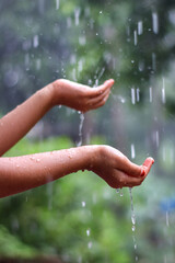 Kids hand in drizzling rain water. Kids playing in rain water
