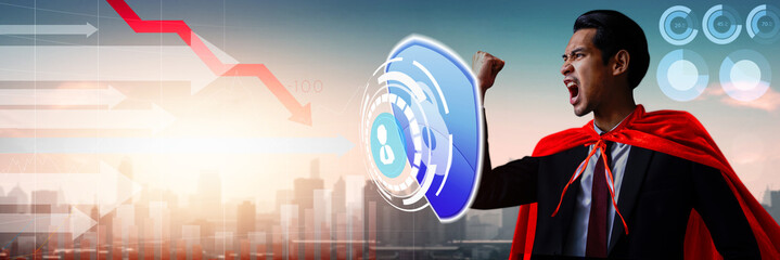 Business protection and confidential strength concept, businessman in suit use digital shield to...