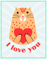 I love you greting card with cute cat and heart. Romantic doddle vector art with happy pet. Lovely happy character poster.