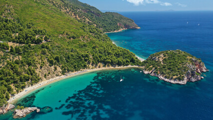 Aerial drone photo of beautiful turquoise sandy beaches of Stafilos and Velanio, Skopleos island, Sporades, Greece 