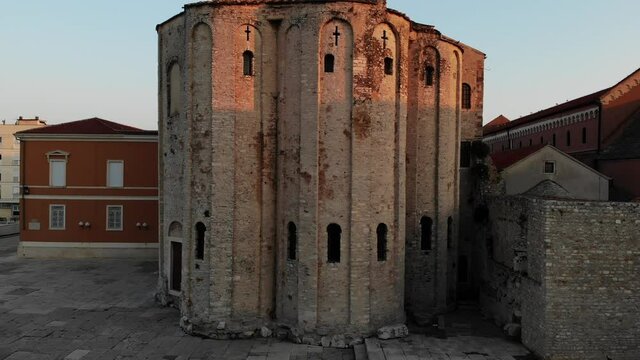 Zadar, Croatia, Europe: Drone footage of Church of Saint Donat and Cathedral in old town. Forum Central Square / June 30th 2020