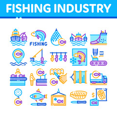Fototapeta na wymiar Fishing Industry Business Process Icons Set Vector. Fishing Industry Processing, Boat With Catch, Fish Drying And Froze, Factory Conveyor Concept Linear Pictograms. Color Contour Illustrations