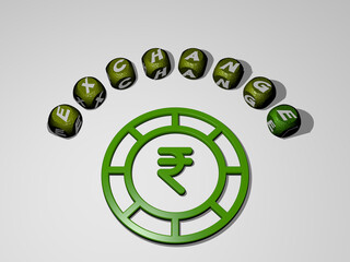 3D illustration of EXCHANGE graphics and text around the icon made by metallic dice letters for the related meanings of the concept and presentations. business and currency