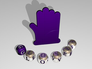 3D graphical image of gloves vertically along with text built around the icon by metallic cubic letters from the top perspective, excellent for the concept presentation and slideshows. background